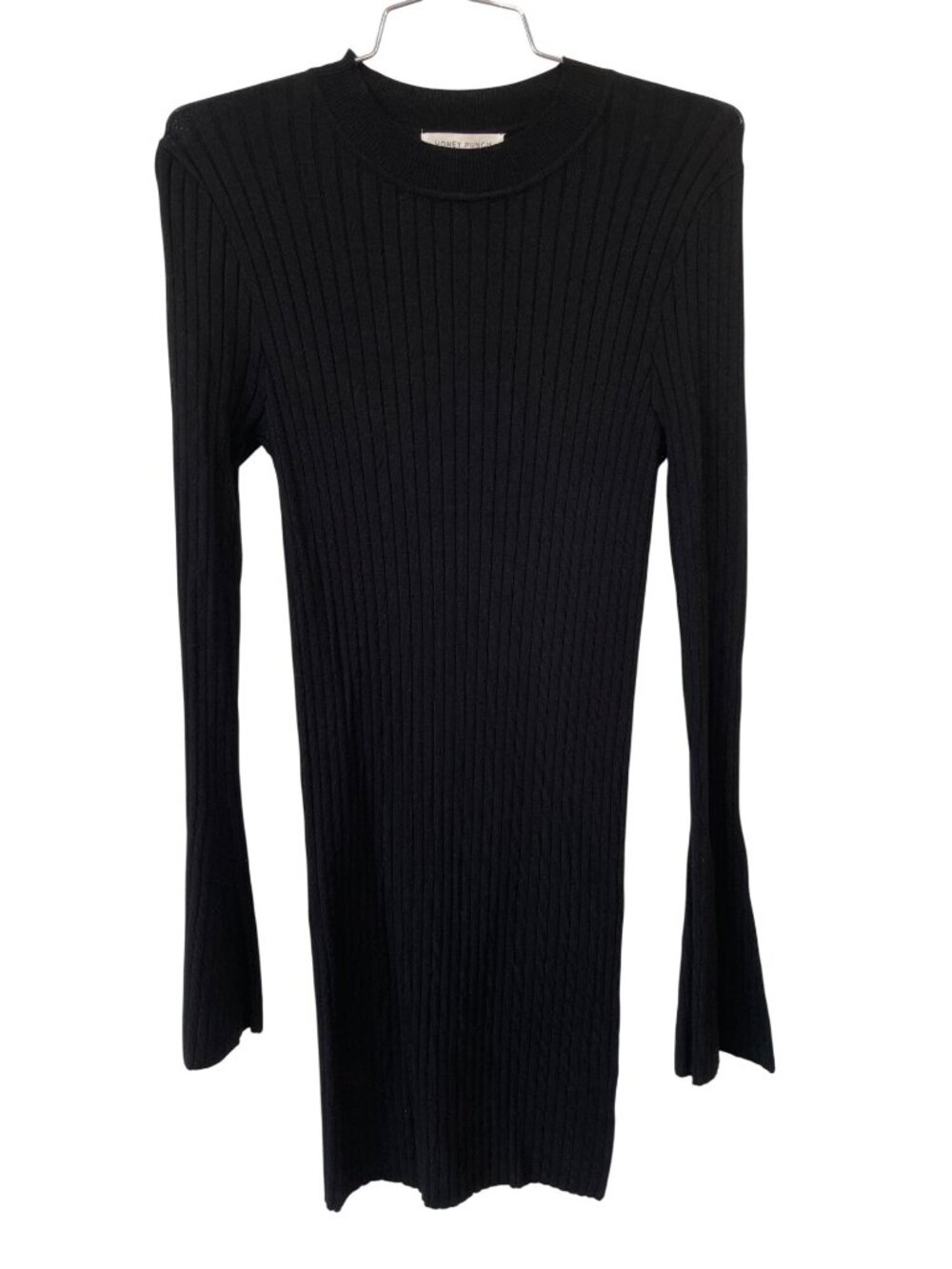 Honey Punch Lailani Dress Large Ribbed Crewneck Bell Sleeve Black Stretch NEW